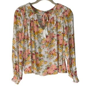 Joie Floral Metallic Bohemian Top Blouse Fringe Tassels Tie in Front Cottage